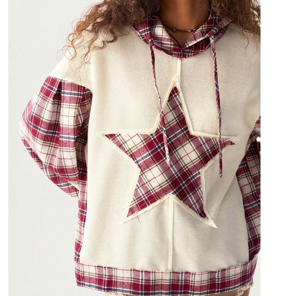 Boho Plaid Star Hoodie Loose Fit Drawstring Top - Picture 2 of 6